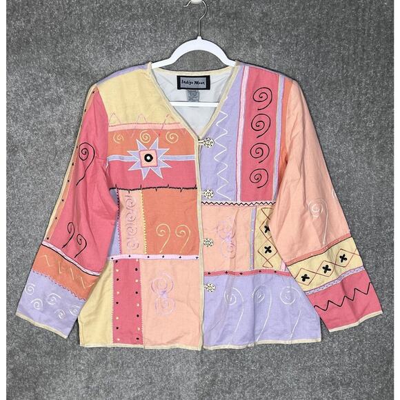 Indigo Moon Embroidered‎ Colorblock Jacket Womens Size Large Pastel Linen Blend - Picture 1 of 5